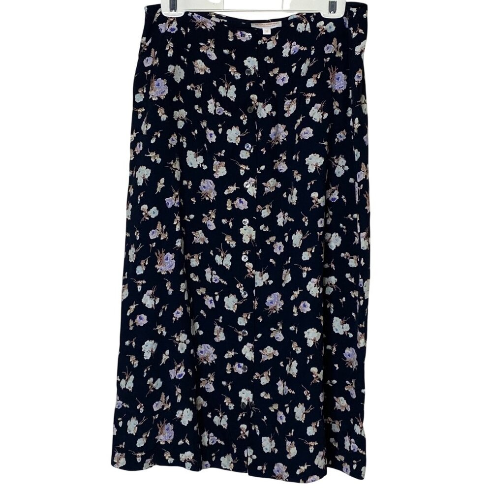 Brooks Brothers Women's Skirt 12 Navy Blue Floral Button Front Midi Rayon USA